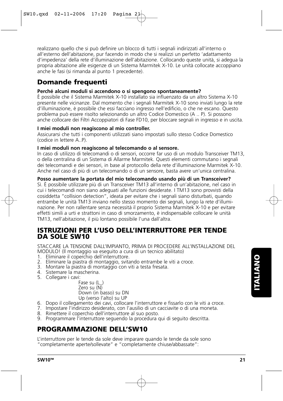 It aliano, Domande frequenti, Programmazione dell’sw10 | Marmitek SW10 User Manual | Page 21 / 28