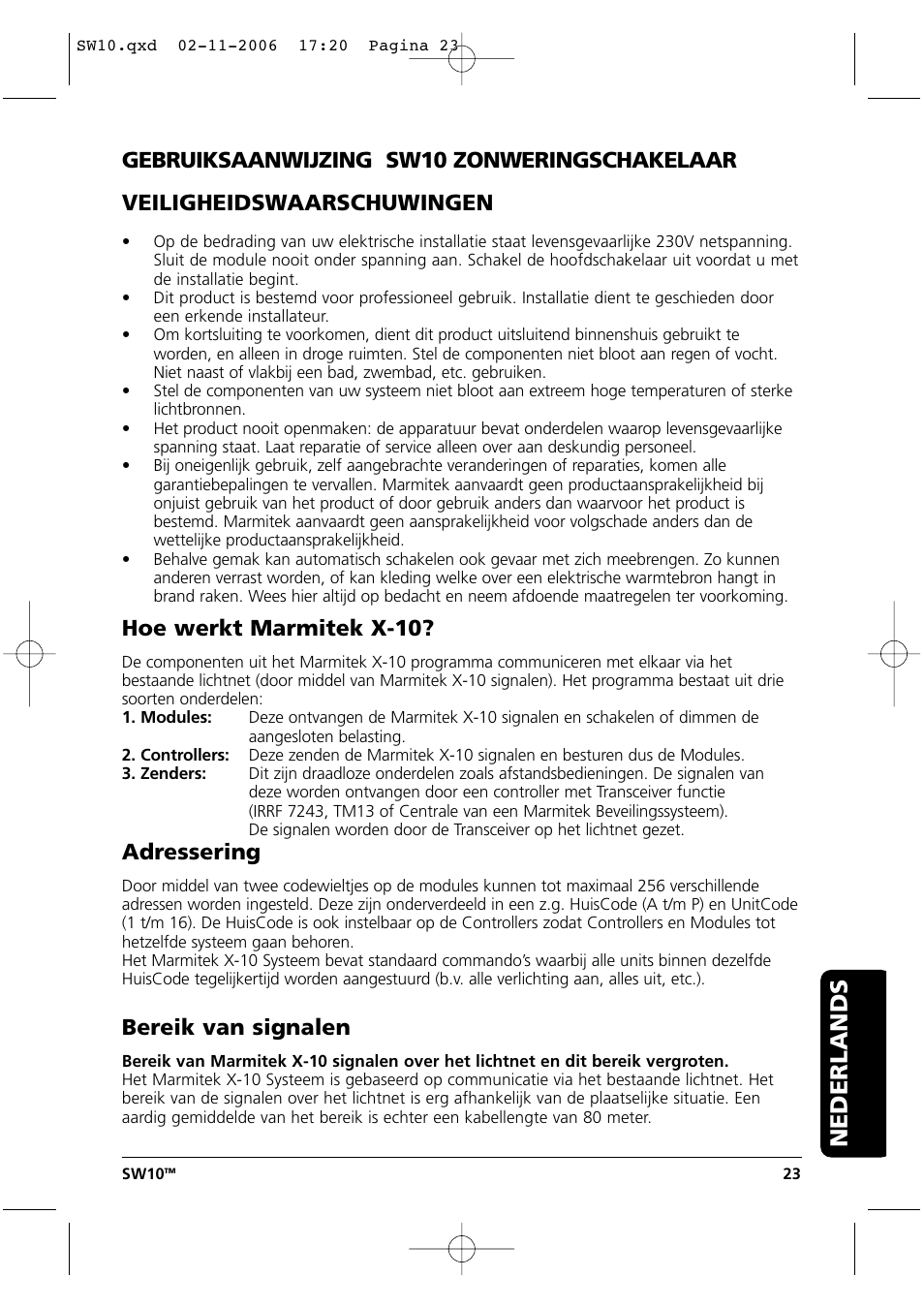 Gebruiksaanwijzing, Nederlands, Hoe werkt marmitek x-10 | Adressering, Bereik van signalen | Marmitek SW10 User Manual | Page 23 / 28