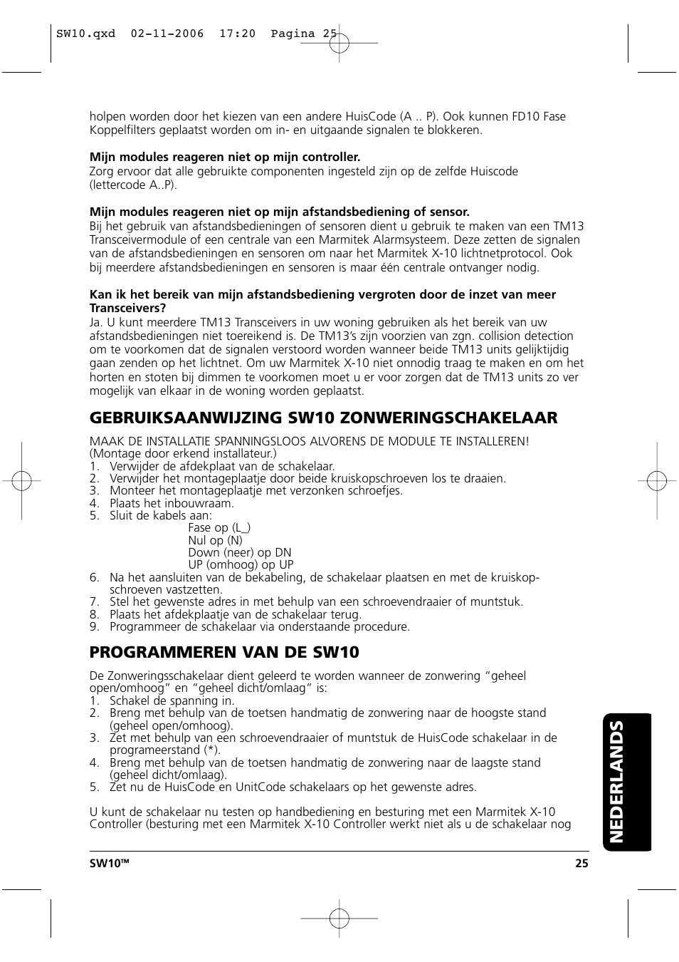 Nederlands, Gebruiksaanwijzing sw10 zonweringschakelaar, Programmeren van de sw10 | Marmitek SW10 User Manual | Page 25 / 28