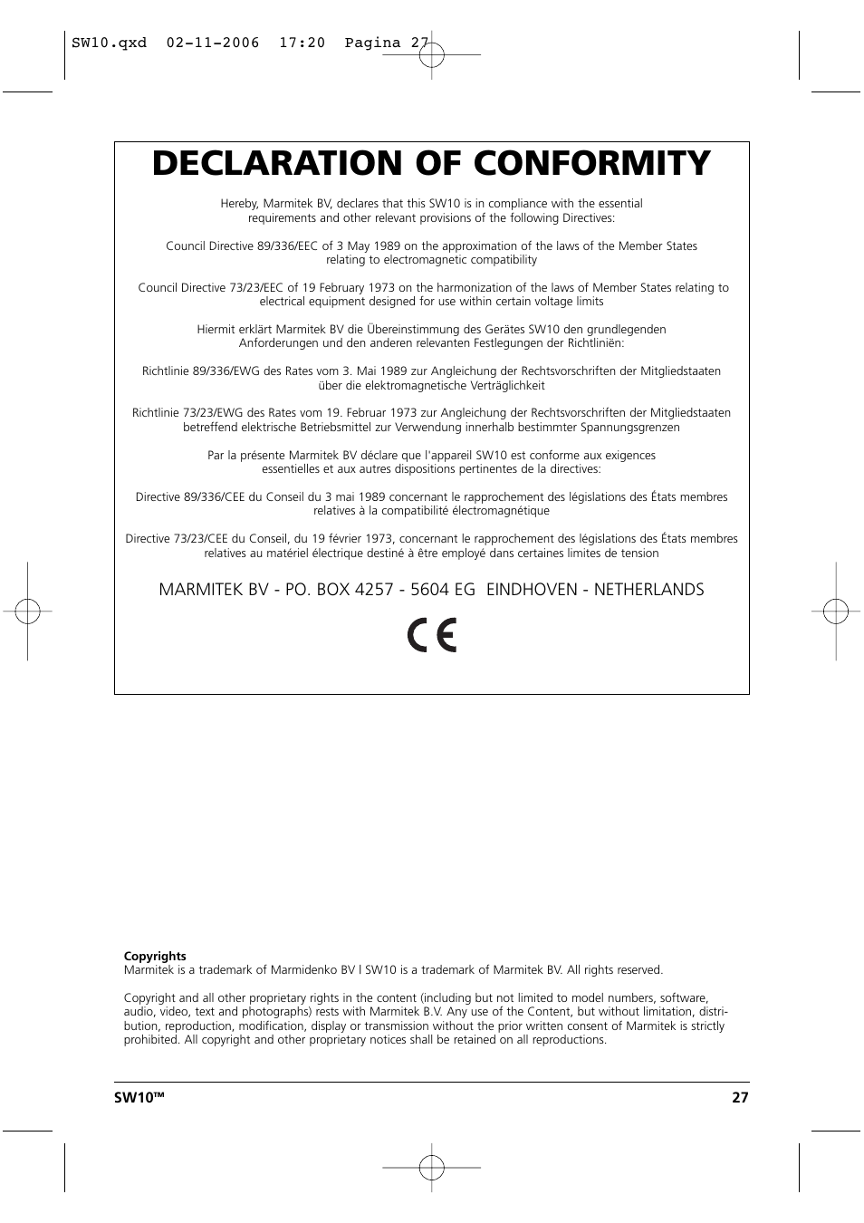 Declaration of conformity | Marmitek SW10 User Manual | Page 27 / 28