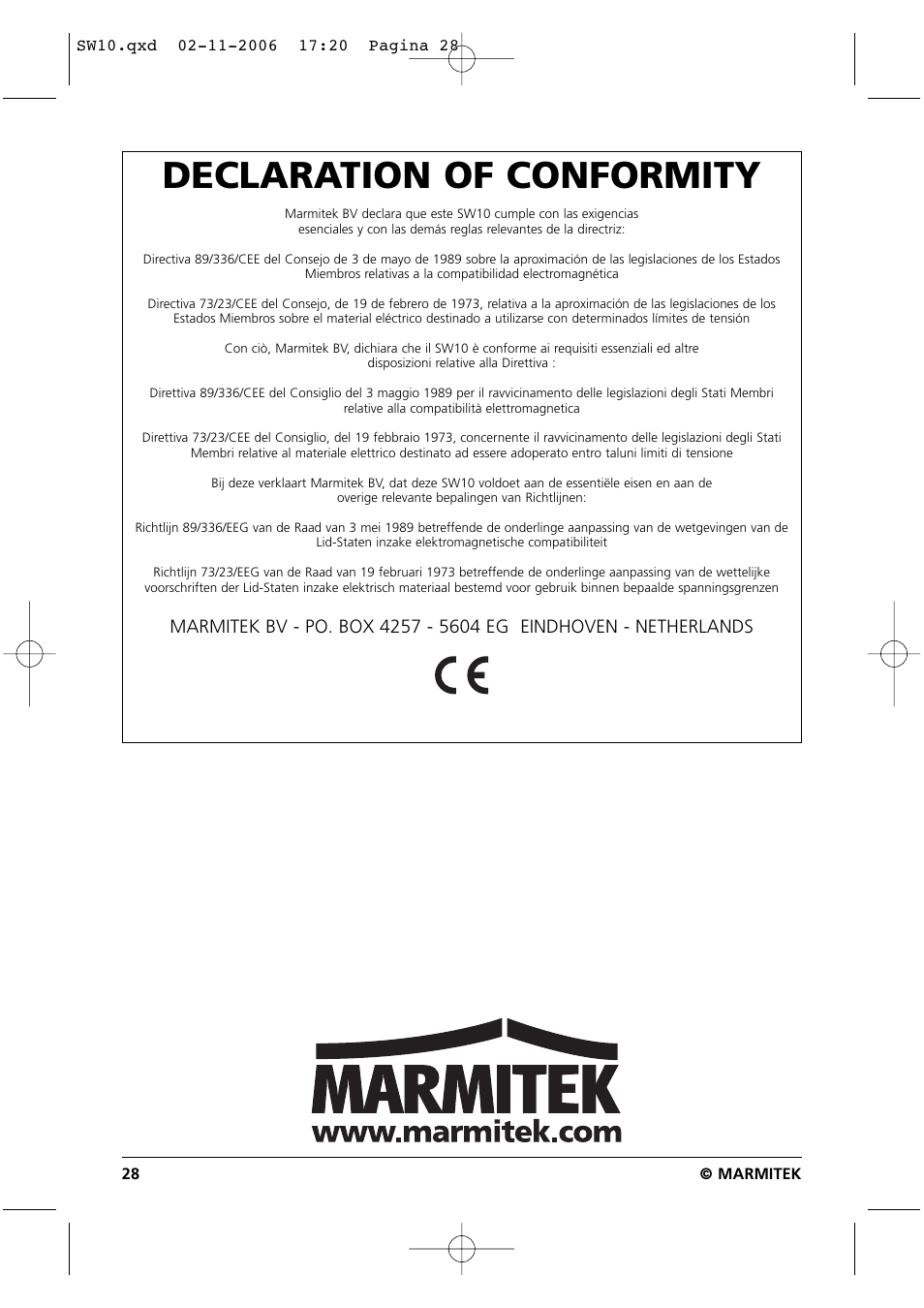 Declaration of conformity | Marmitek SW10 User Manual | Page 28 / 28