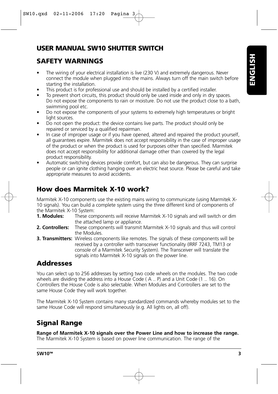User manual, English, User manual sw10 shutter switch safety warnings | How does marmitek x-10 work, Addresses, Signal range | Marmitek SW10 User Manual | Page 3 / 28