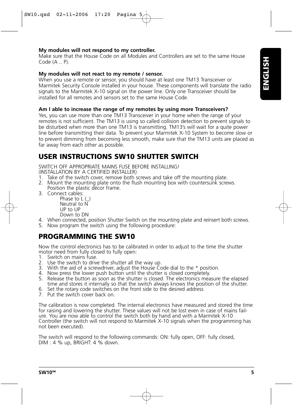 English, User instructions sw10 shutter switch, Programming the sw10 | Marmitek SW10 User Manual | Page 5 / 28
