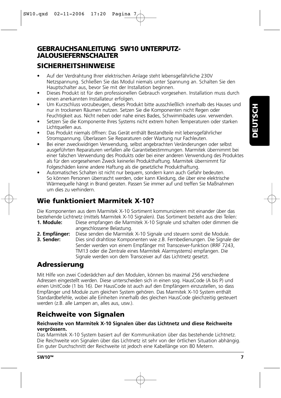 Gebrauchsanleitung, Deutsch, Wie funktioniert marmitek x-10 | Adressierung, Reichweite von signalen | Marmitek SW10 User Manual | Page 7 / 28