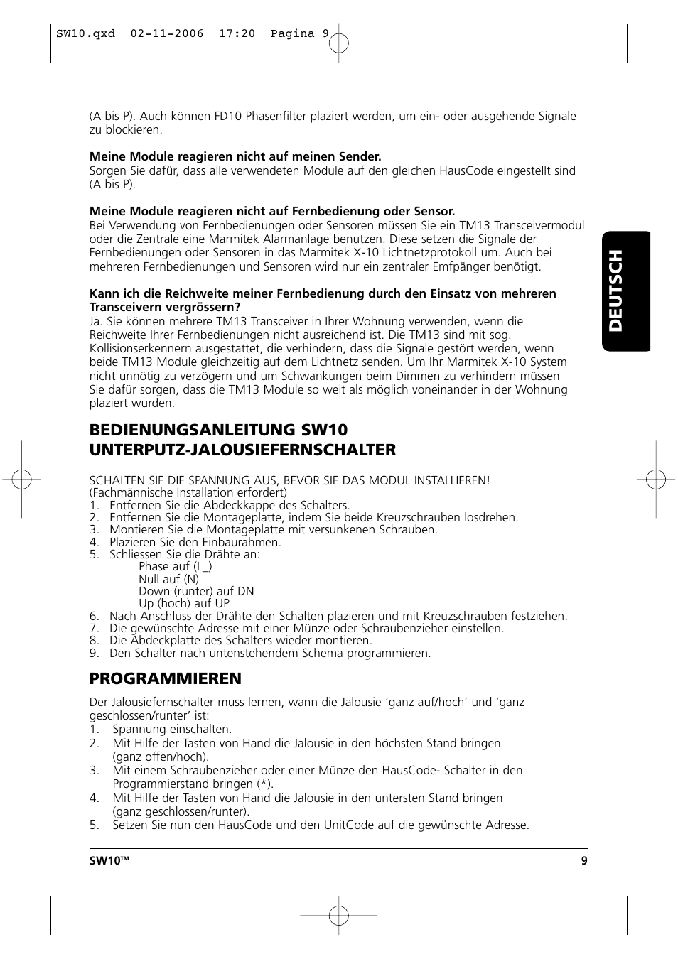 Deutsch, Programmieren | Marmitek SW10 User Manual | Page 9 / 28