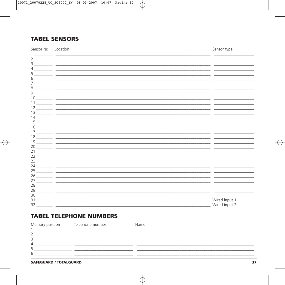 Tabel sensors, Tabel telephone numbers | Marmitek TOTALGUARD User Manual | Page 37 / 40