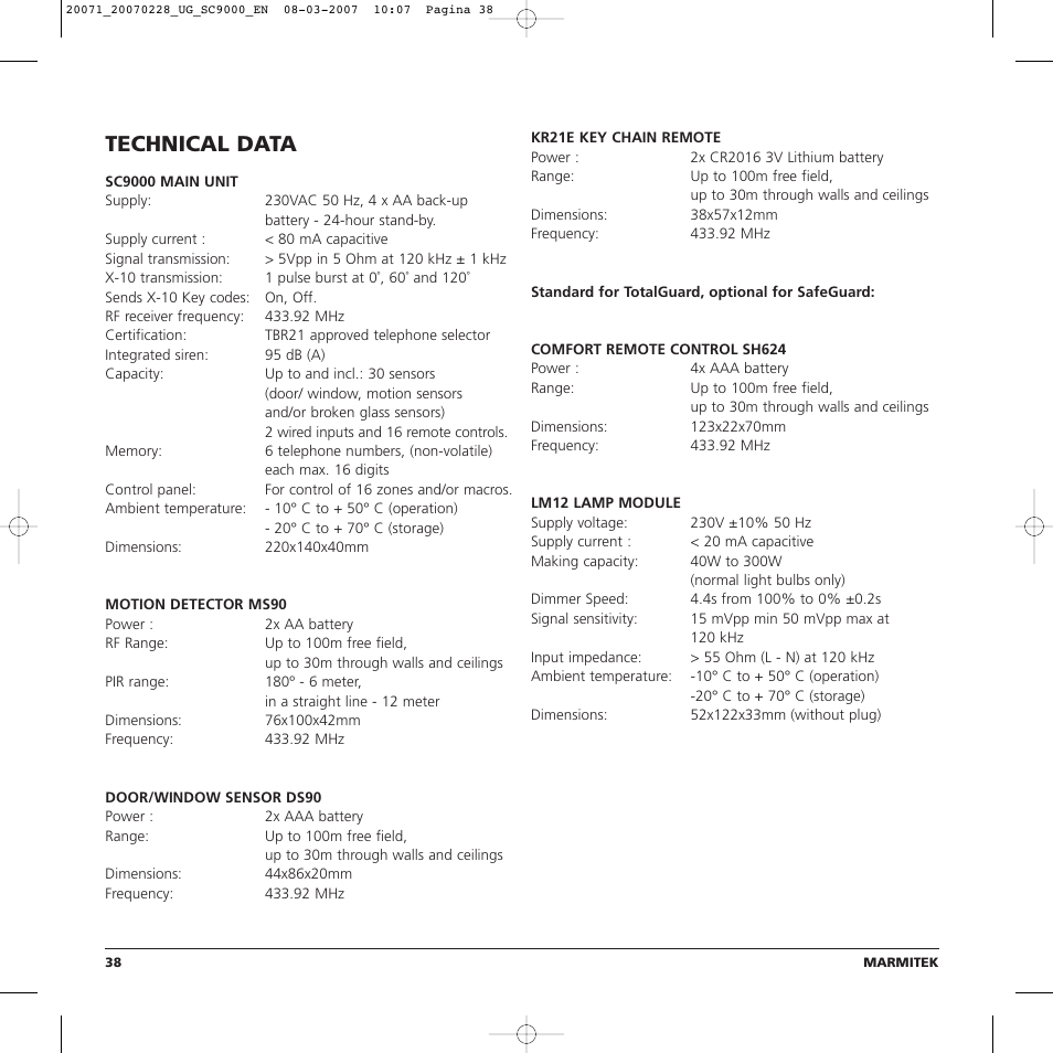 Technical data | Marmitek TOTALGUARD User Manual | Page 38 / 40