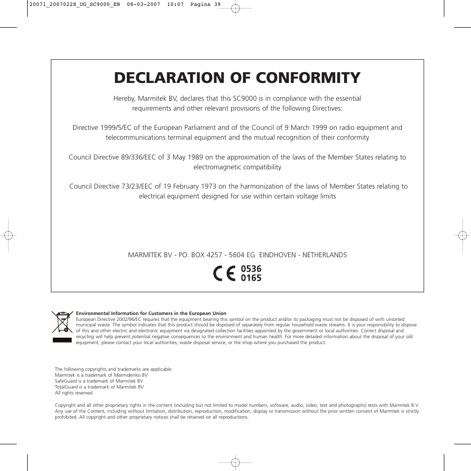 Declaration of conformity | Marmitek TOTALGUARD User Manual | Page 39 / 40