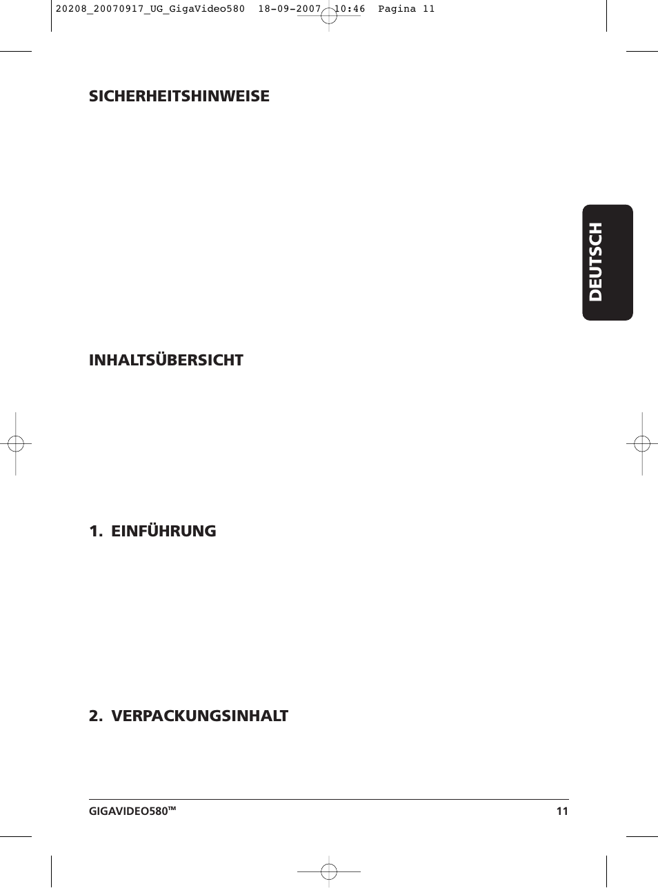 Deutsch, Sicherheitshinweise, Inhaltsübersicht | Einführung, Verpackungsinhalt | Marmitek 580 User Manual | Page 11 / 52