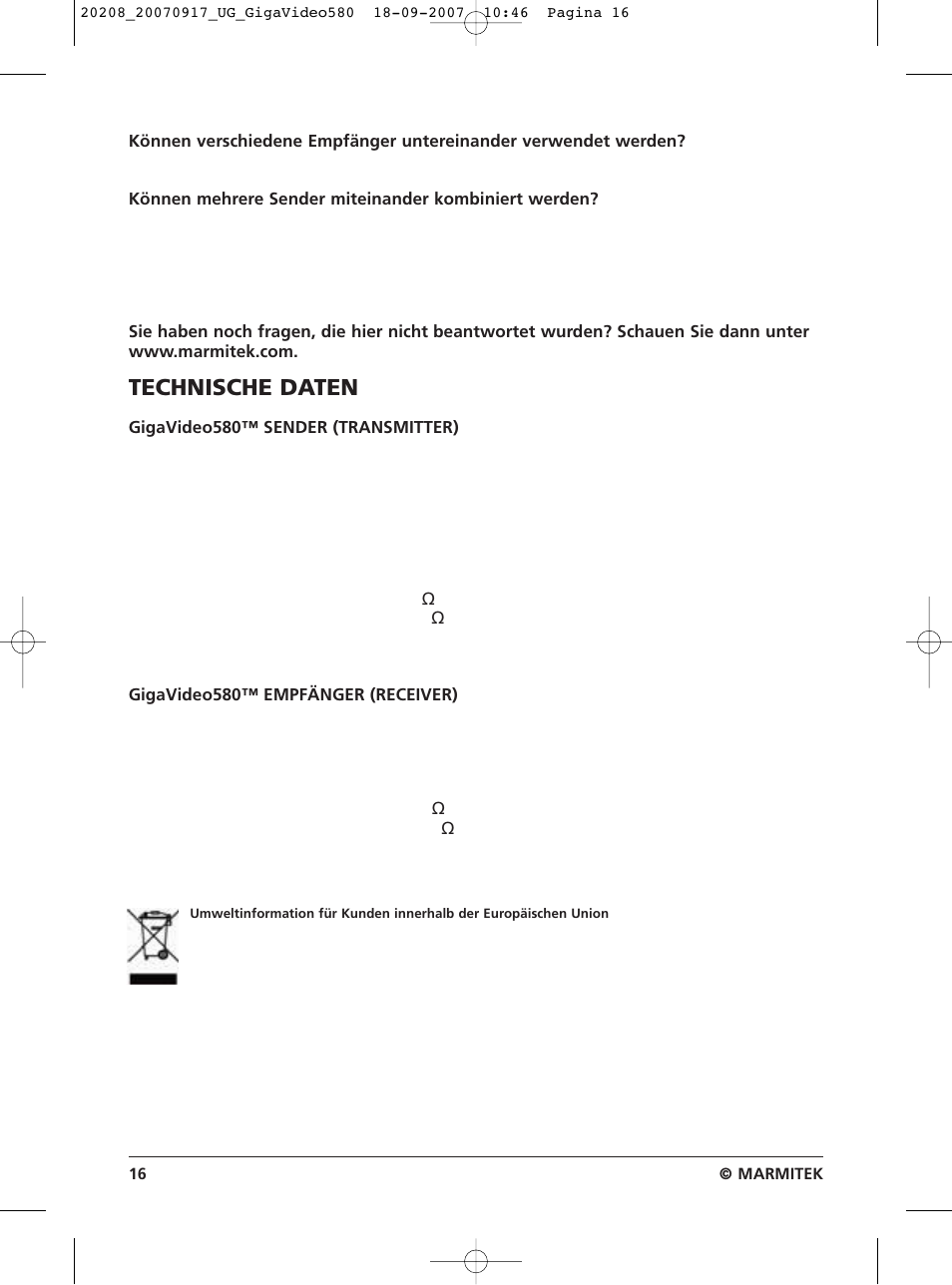 Technische daten | Marmitek 580 User Manual | Page 16 / 52
