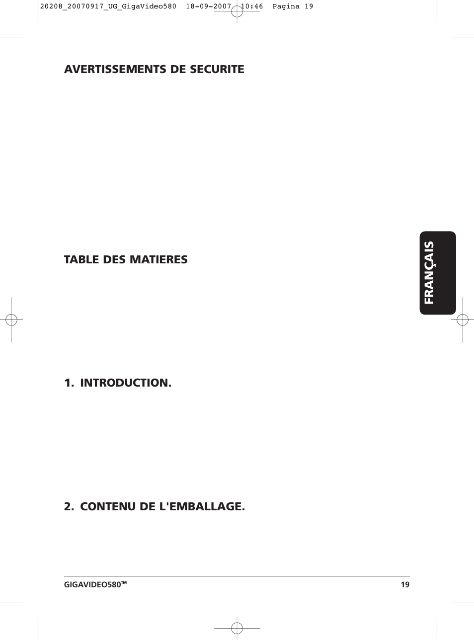 Français, Avertissements de securite, Table des matieres | Introduction, Contenu de l'emballage | Marmitek 580 User Manual | Page 19 / 52
