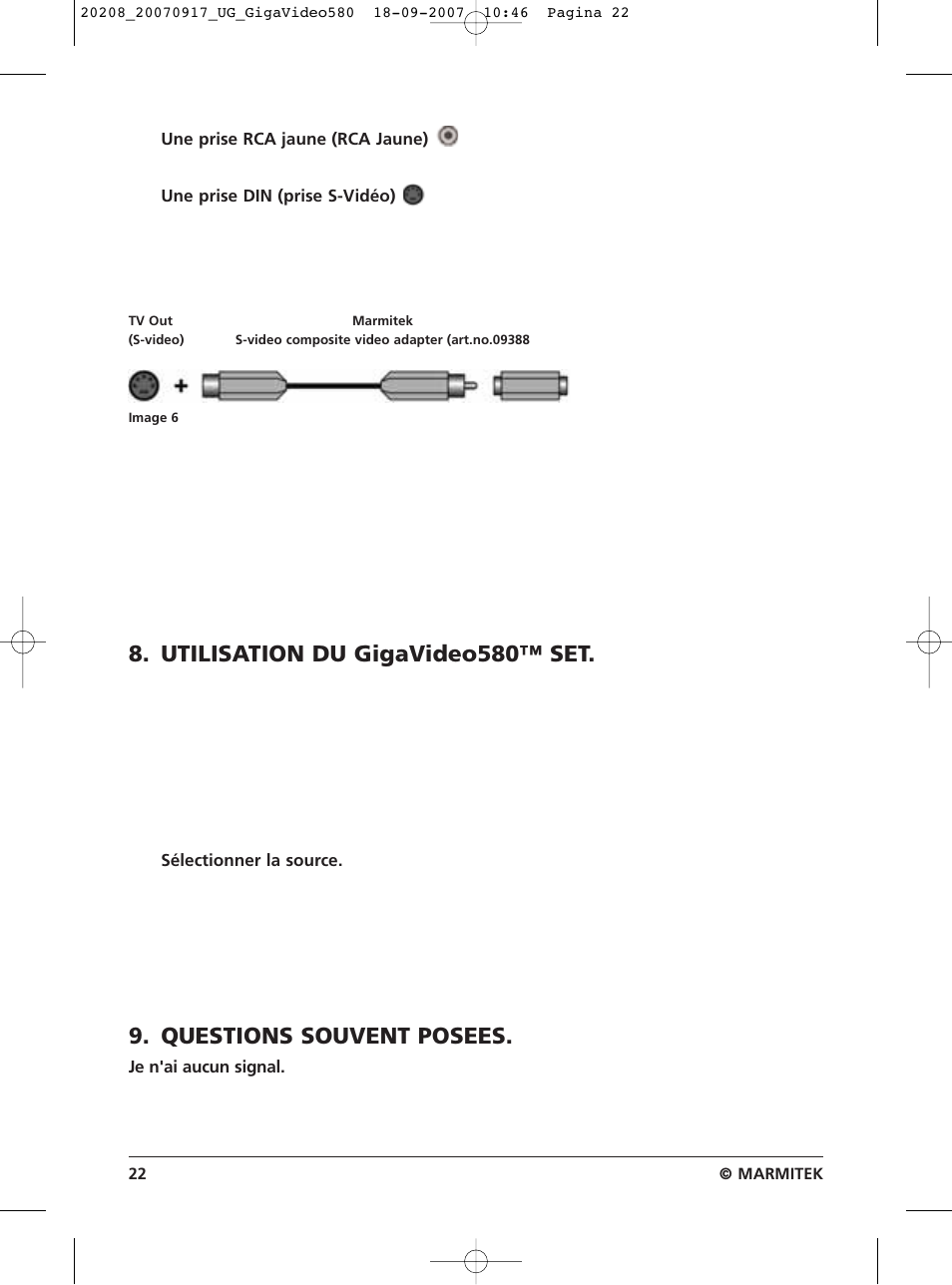 Utilisation du gigavideo580™ set, Questions souvent posees | Marmitek 580 User Manual | Page 22 / 52