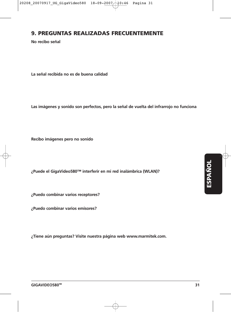 Esp añol, Preguntas realizadas frecuentemente | Marmitek 580 User Manual | Page 31 / 52