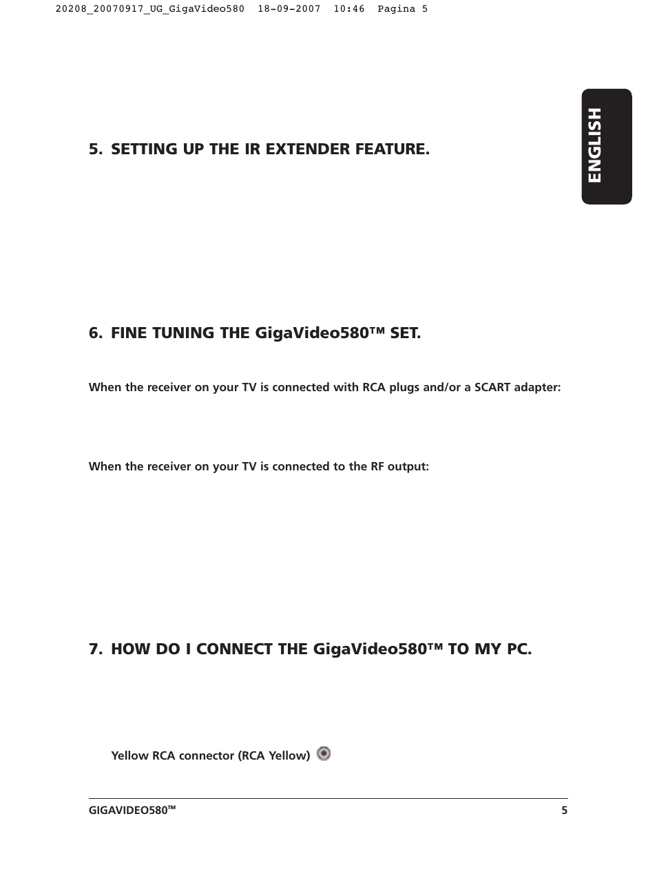 English, Setting up the ir extender feature, Fine tuning the gigavideo580™ set | How do i connect the gigavideo580™ to my pc | Marmitek 580 User Manual | Page 5 / 52