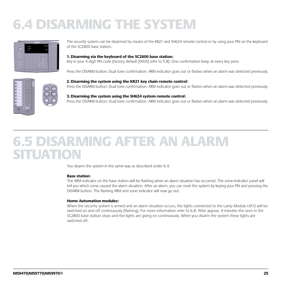 4 disarming the system, 5 disarming after an alarm situation | Marmitek MS9770 User Manual | Page 25 / 36