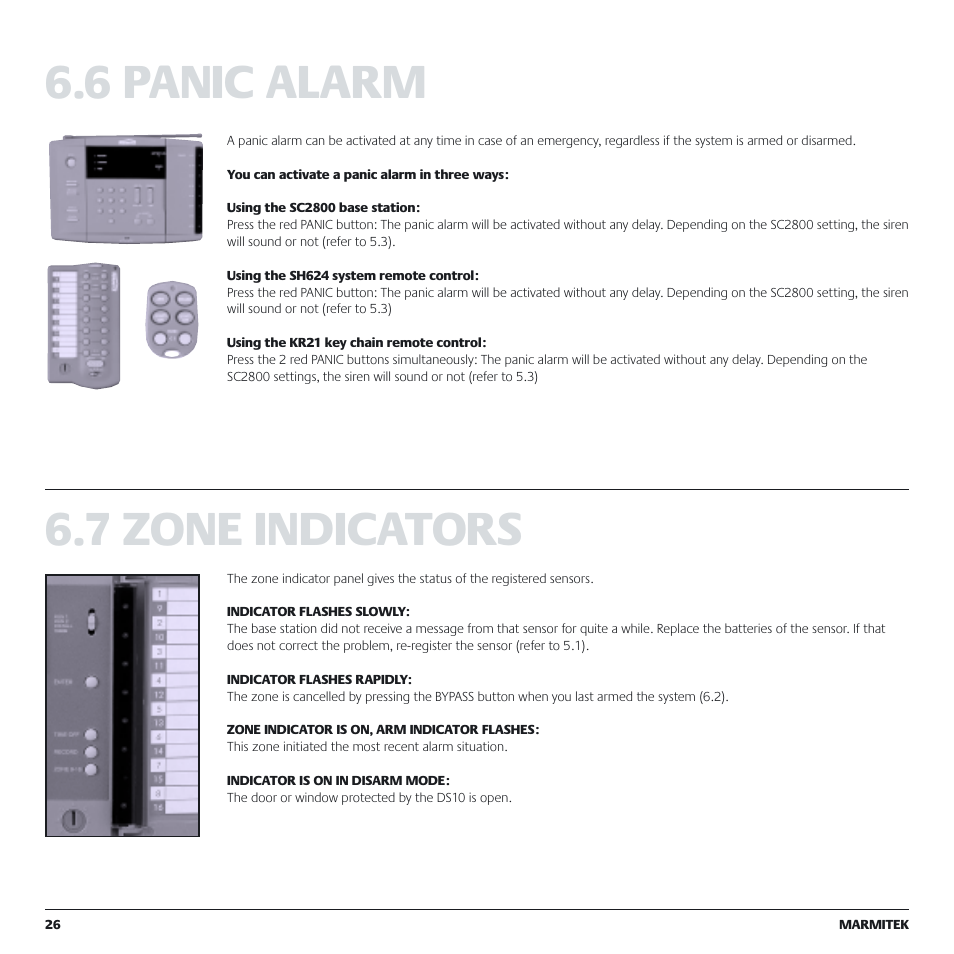 7 zone indicators 6.6 panic alarm | Marmitek MS9770 User Manual | Page 26 / 36