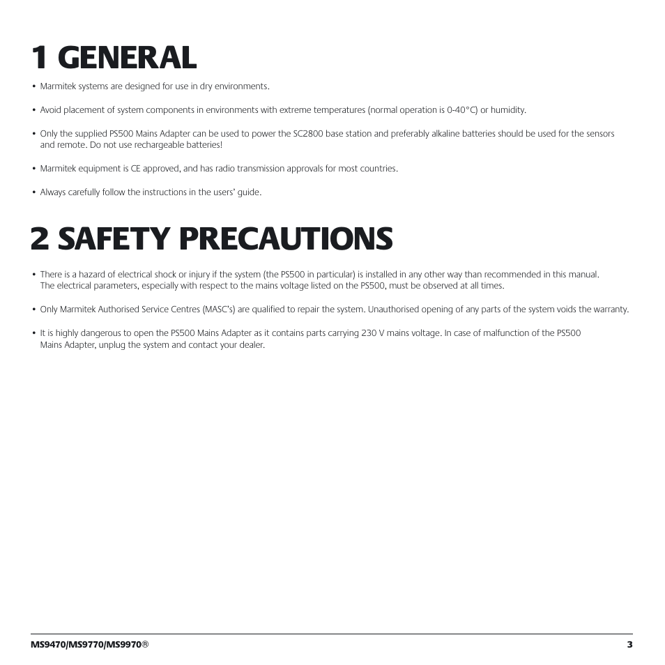 1 general, 2 safety precautions | Marmitek MS9770 User Manual | Page 3 / 36