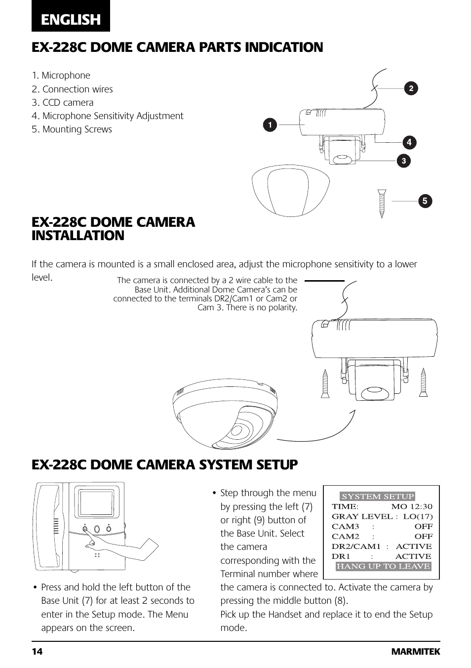 English, Ex-228c dome camera parts indication | Marmitek M228 User Manual | Page 14 / 68