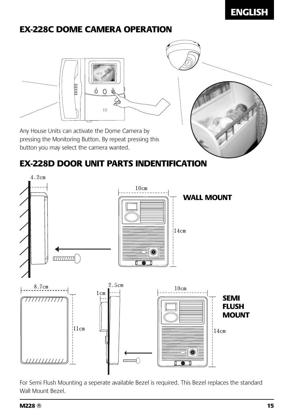 English, Ex-228c dome camera operation, Ex-228d door unit parts indentification | Marmitek M228 User Manual | Page 15 / 68