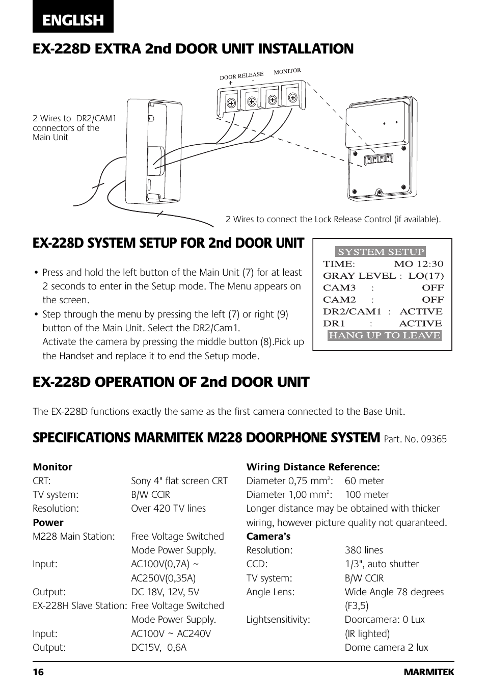 English, Specifications marmitek m228 doorphone system | Marmitek M228 User Manual | Page 16 / 68