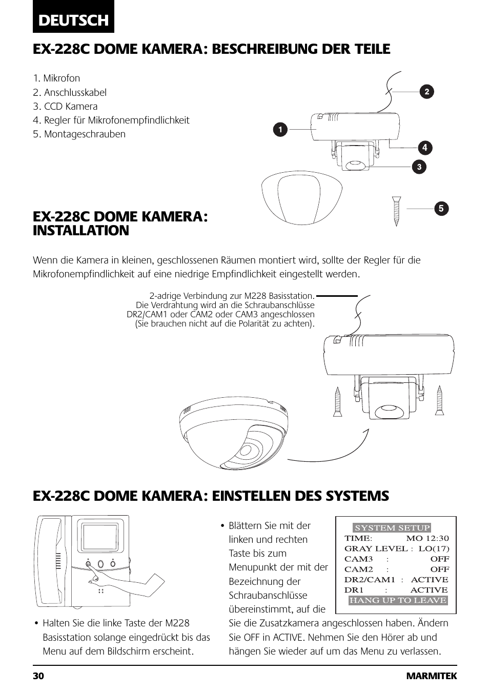 Deutsch, Ex-228c dome kamera: beschreibung der teile | Marmitek M228 User Manual | Page 30 / 68