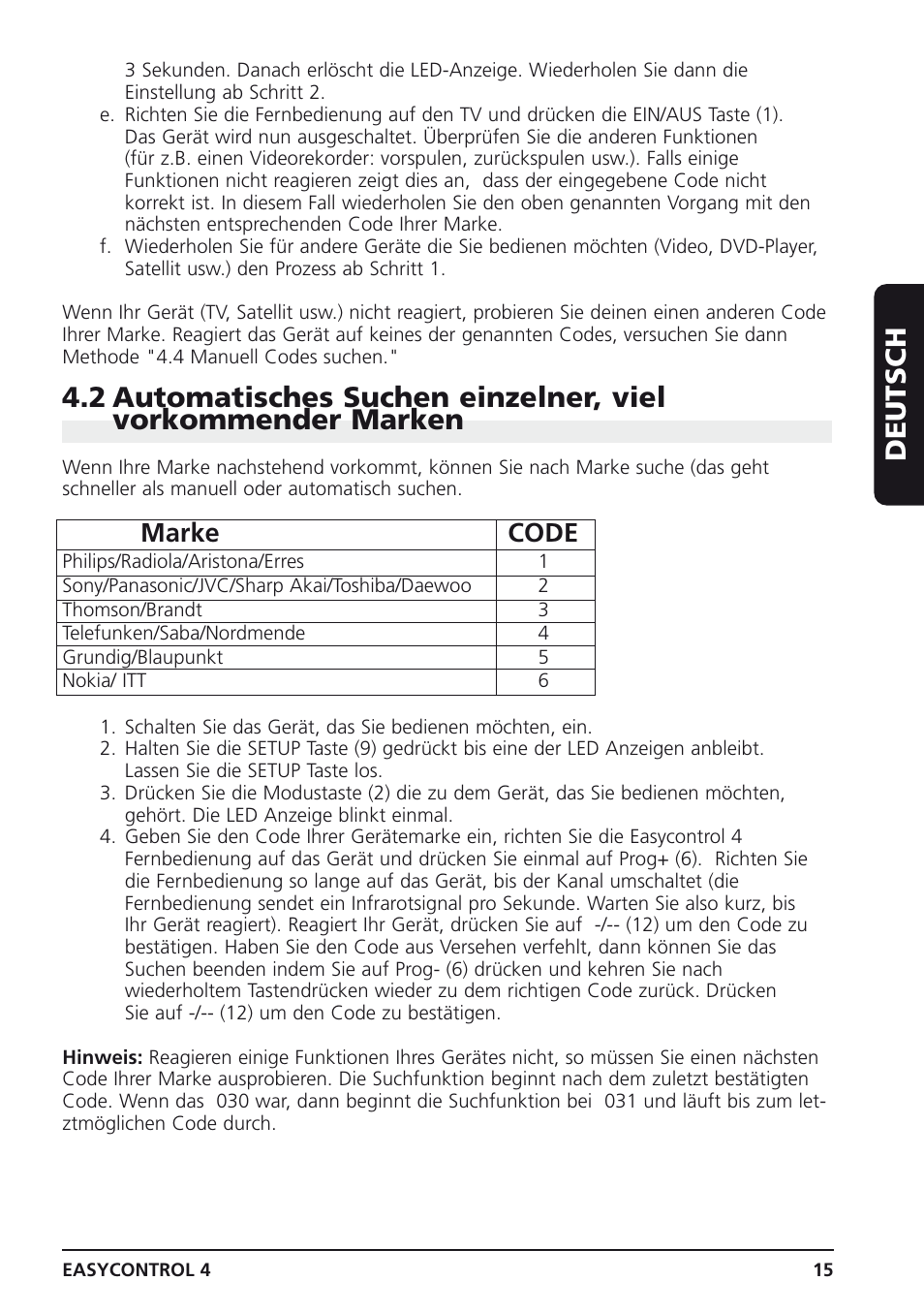 Deutsch, Marke code | Marmitek 4 User Manual | Page 15 / 36