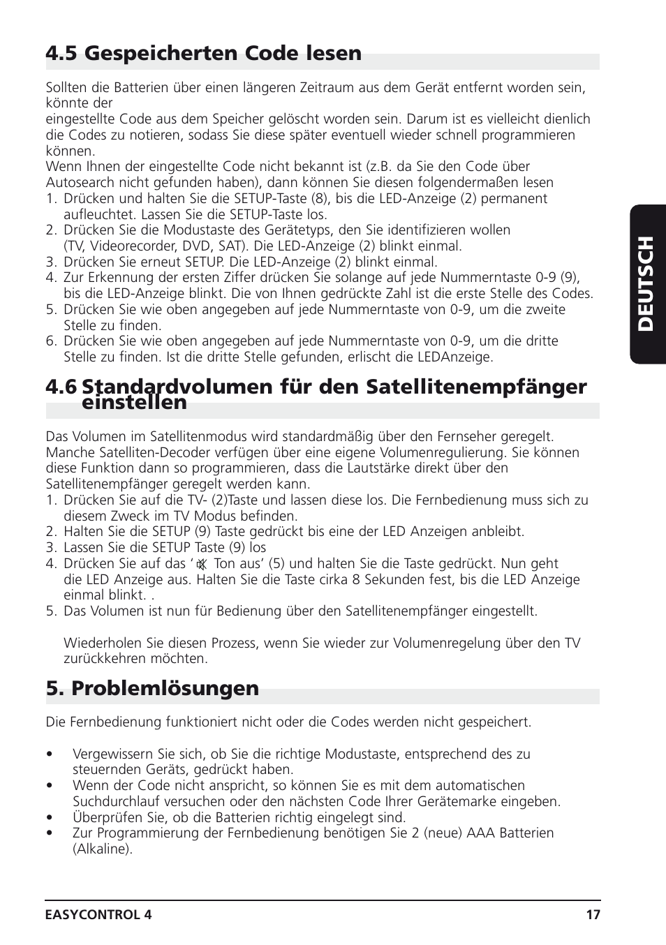 Deutsch 4.5 gespeicherten code lesen, Problemlösungen | Marmitek 4 User Manual | Page 17 / 36