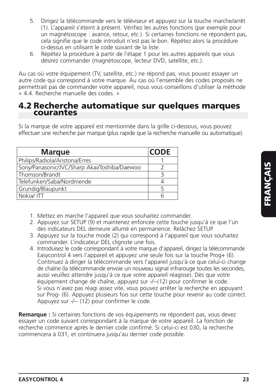 Français, Marque code | Marmitek 4 User Manual | Page 23 / 36