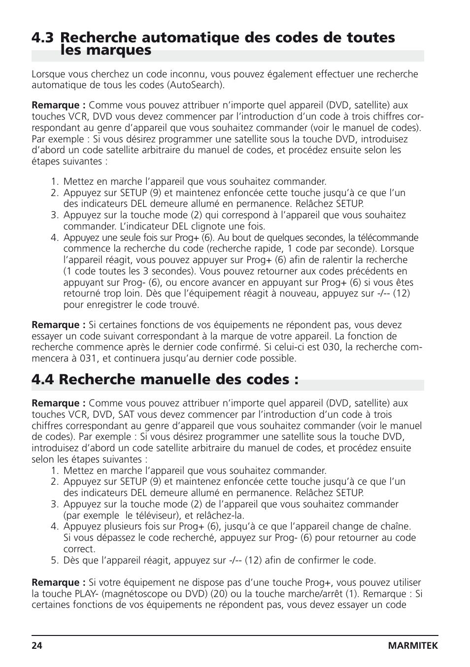 4 recherche manuelle des codes | Marmitek 4 User Manual | Page 24 / 36