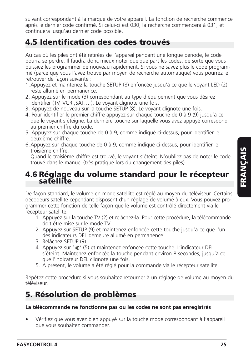 5 identification des codes trouvés, Résolution de problèmes, Français | Marmitek 4 User Manual | Page 25 / 36