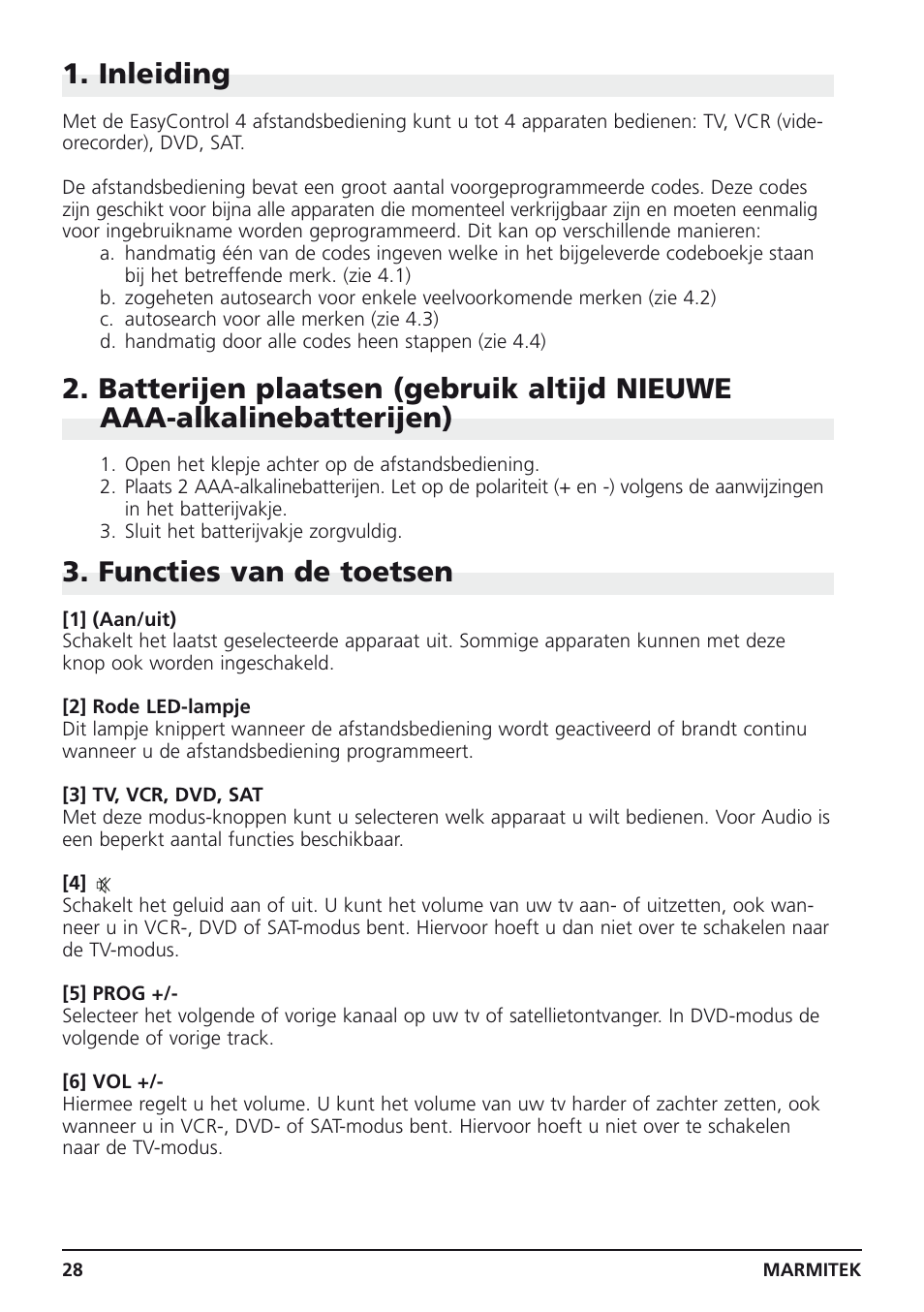 Inleiding, Functies van de toetsen | Marmitek 4 User Manual | Page 28 / 36