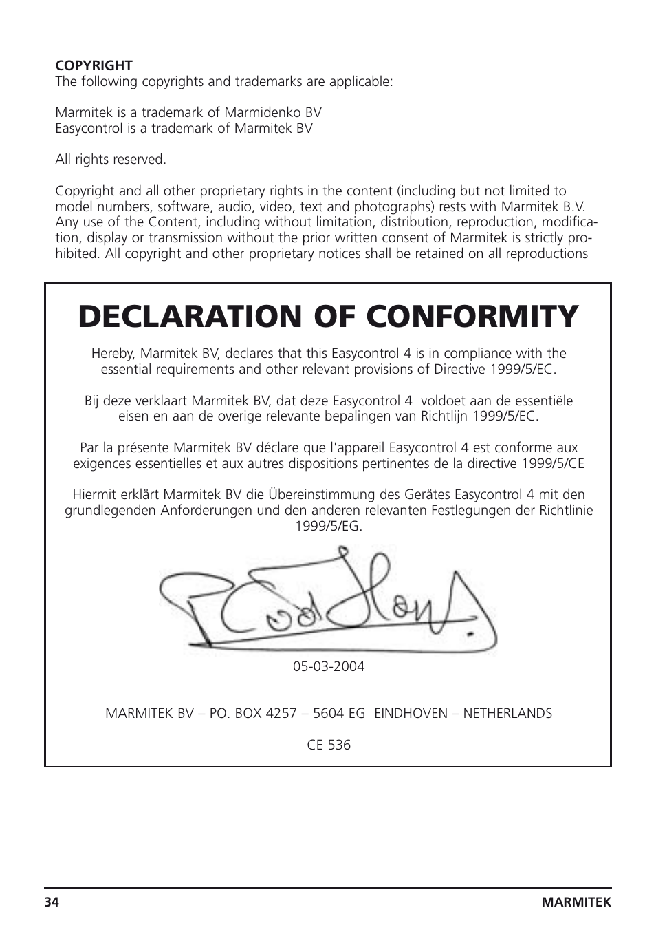 Declaration of conformity | Marmitek 4 User Manual | Page 34 / 36