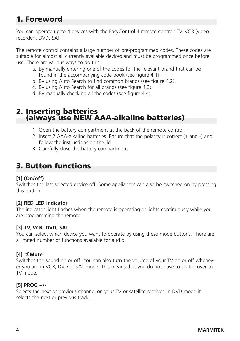 Foreword, Button functions | Marmitek 4 User Manual | Page 4 / 36