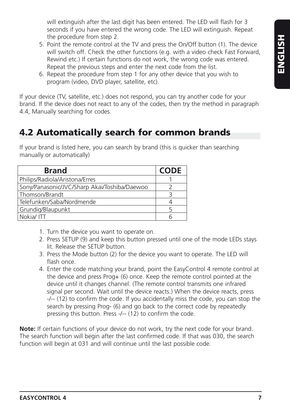 English, 2 automatically search for common brands, Brand code | Marmitek 4 User Manual | Page 7 / 36