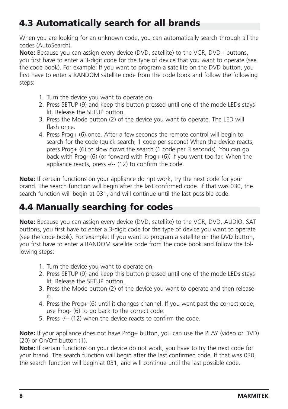 3 automatically search for all brands, 4 manually searching for codes | Marmitek 4 User Manual | Page 8 / 36