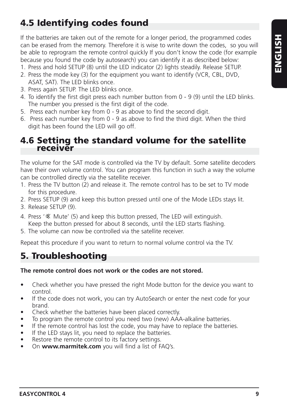 English 4.5 identifying codes found, Troubleshooting | Marmitek 4 User Manual | Page 9 / 36