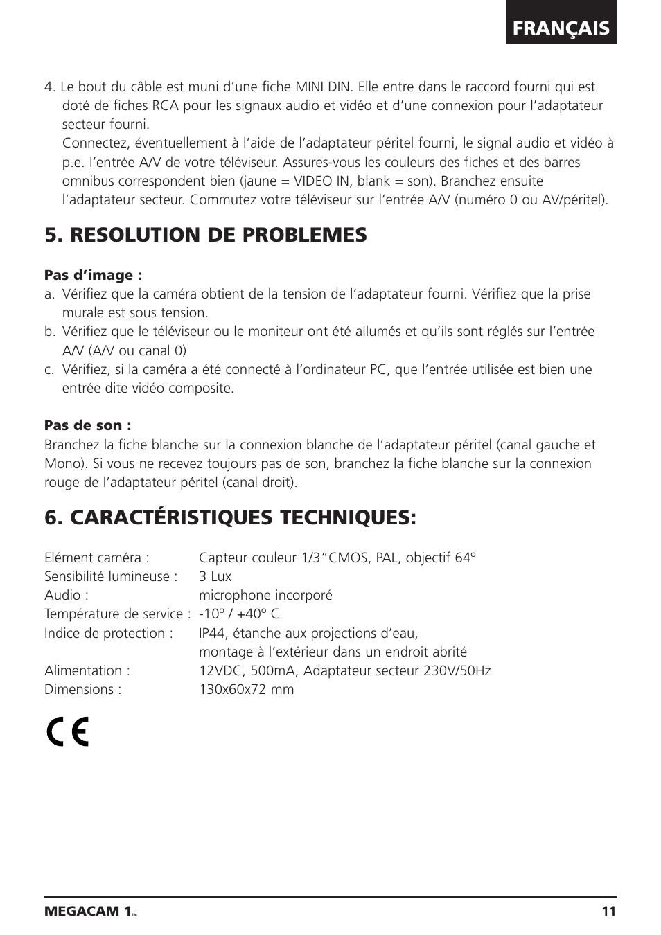 Resolution de problemes, Caractéristiques techniques, Français | Marmitek MEGACAM1 User Manual | Page 11 / 16