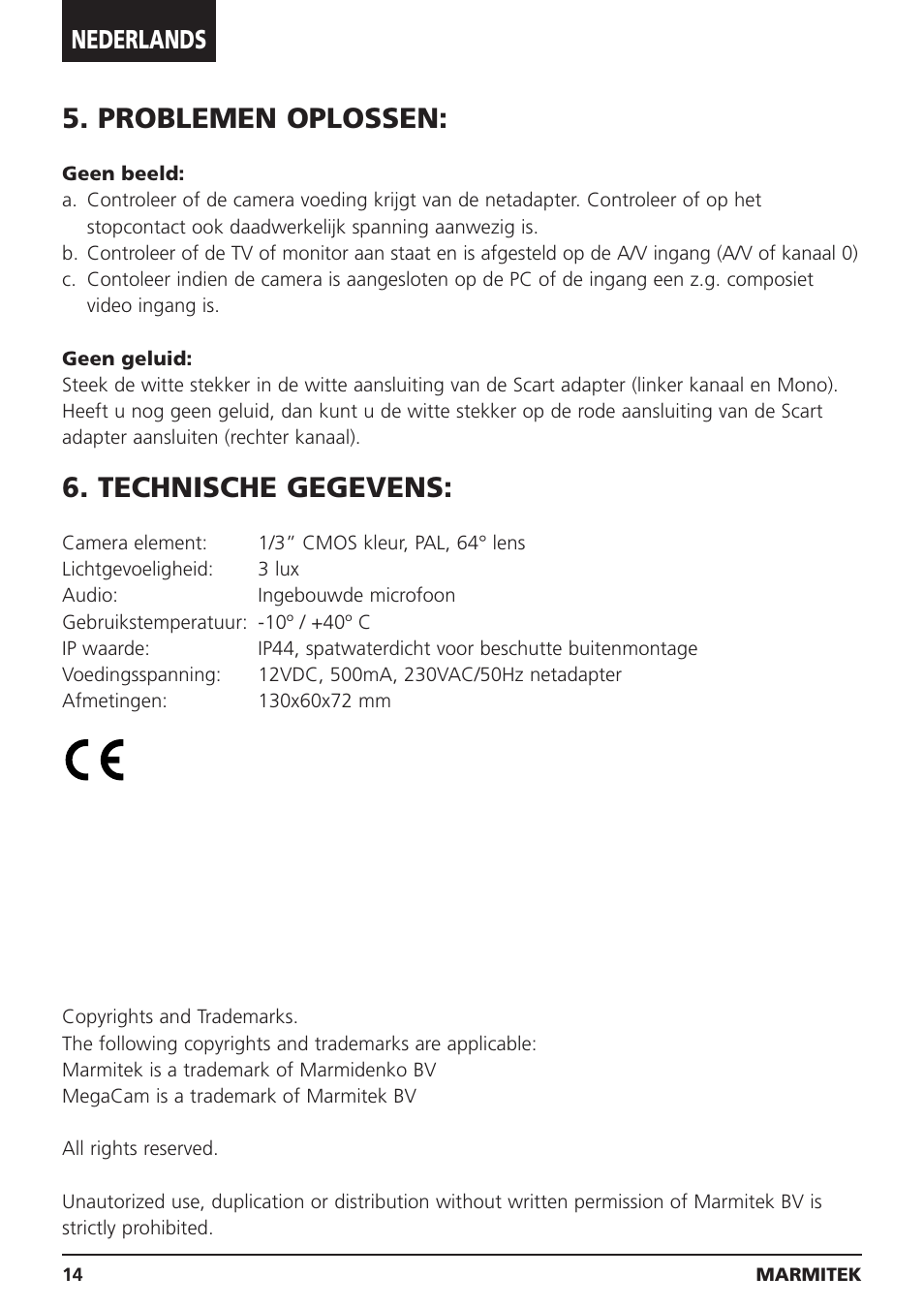 Problemen oplossen, Technische gegevens, Nederlands | Marmitek MEGACAM1 User Manual | Page 14 / 16