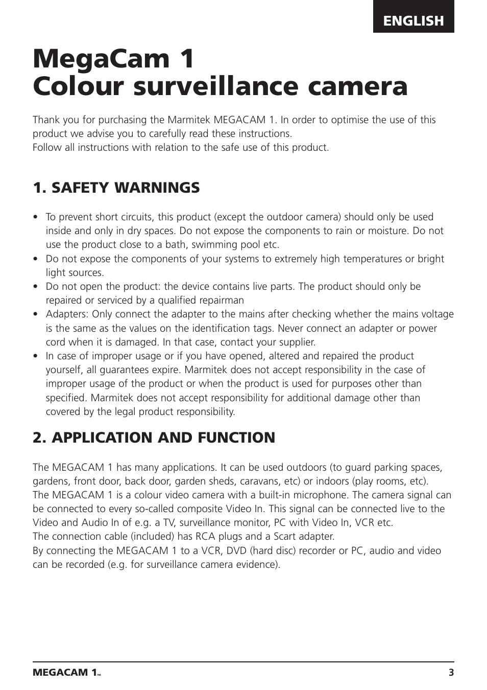 Megacam 1 colour surveillance camera, Safety warnings, Application and function | English | Marmitek MEGACAM1 User Manual | Page 3 / 16