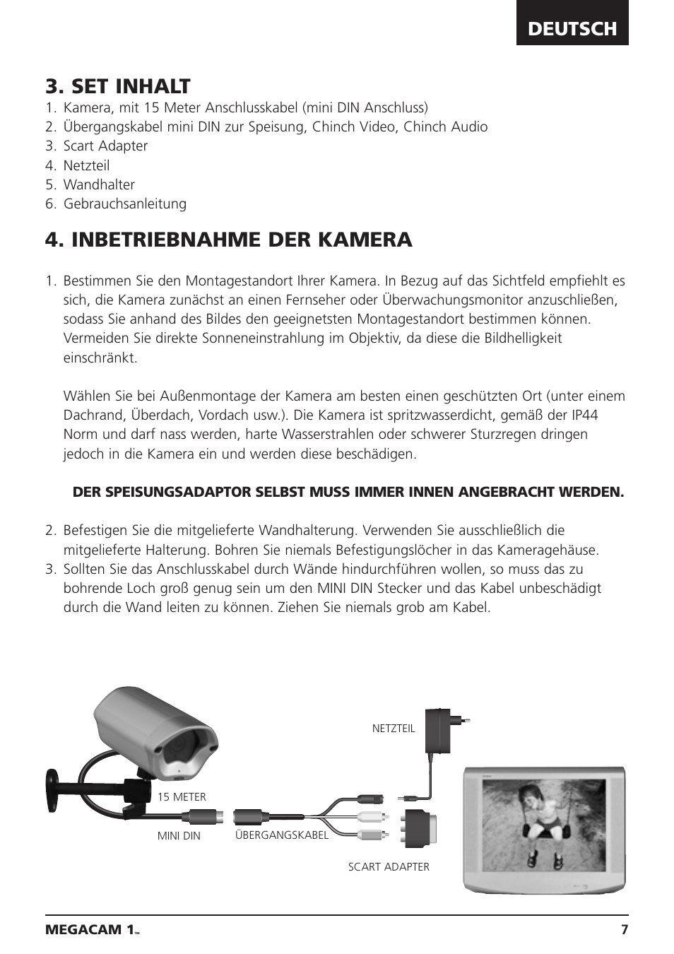 Set inhalt, Inbetriebnahme der kamera, Deutsch | Marmitek MEGACAM1 User Manual | Page 7 / 16