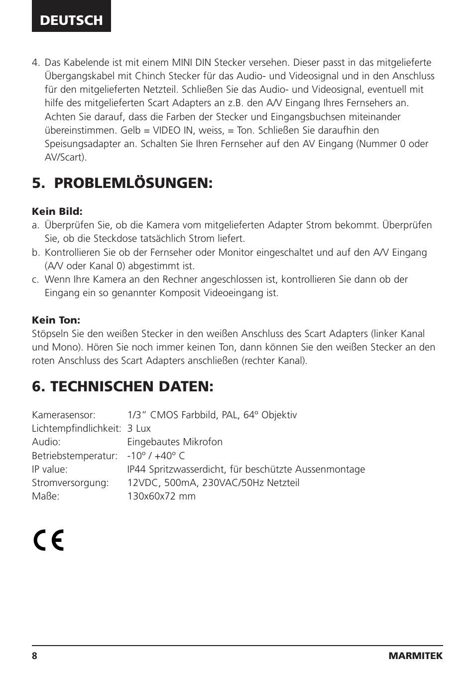 Problemlösungen, Technischen daten, Deutsch | Marmitek MEGACAM1 User Manual | Page 8 / 16