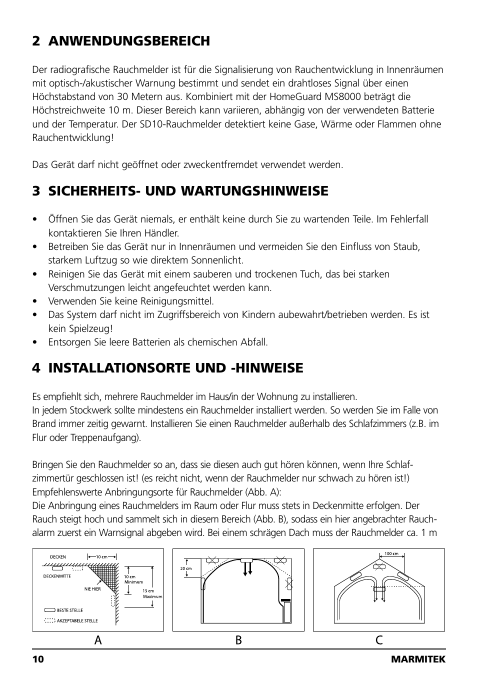 2 anwendungsbereich, 3 sicherheits- und wartungshinweise, 4 installationsorte und -hinweise | Marmitek SD10 User Manual | Page 10 / 28