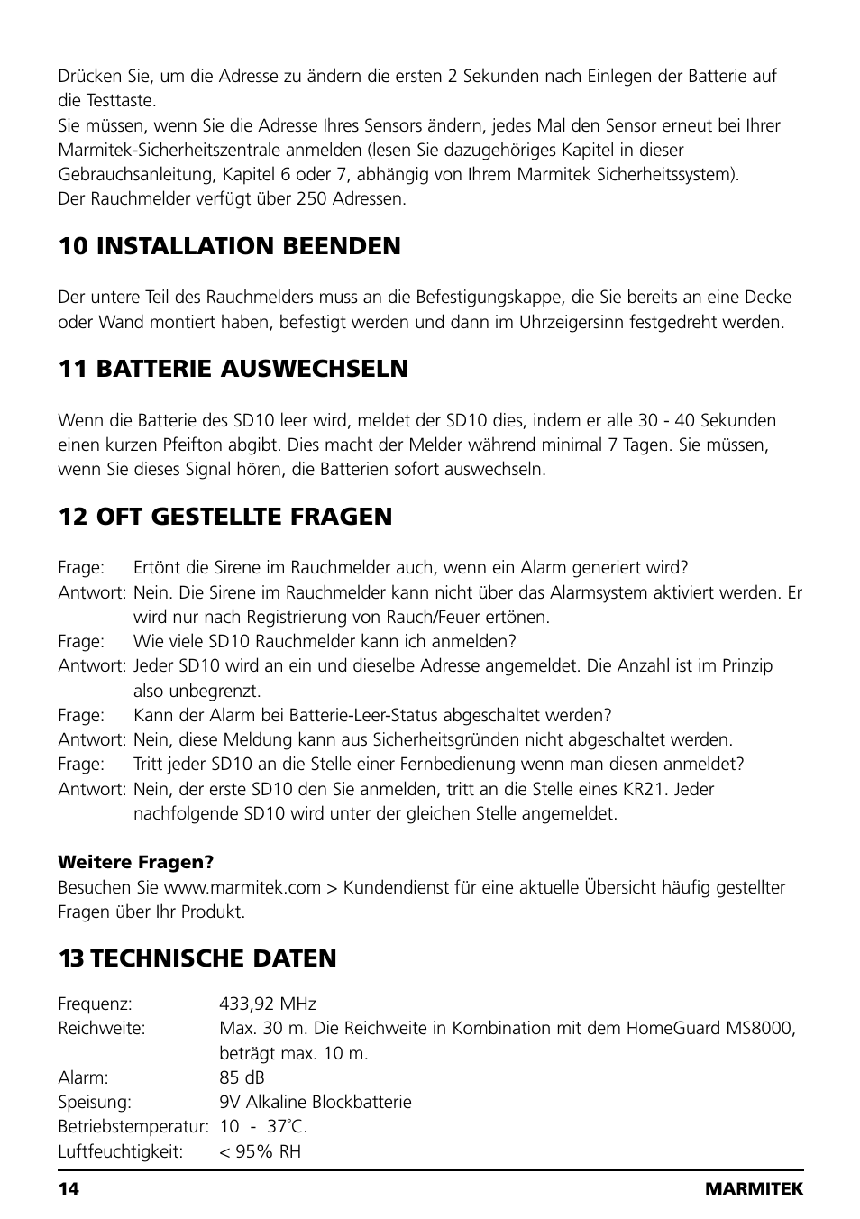 10 installation beenden, 11 batterie auswechseln, 12 oft gestellte fragen | 13 technische daten | Marmitek SD10 User Manual | Page 14 / 28