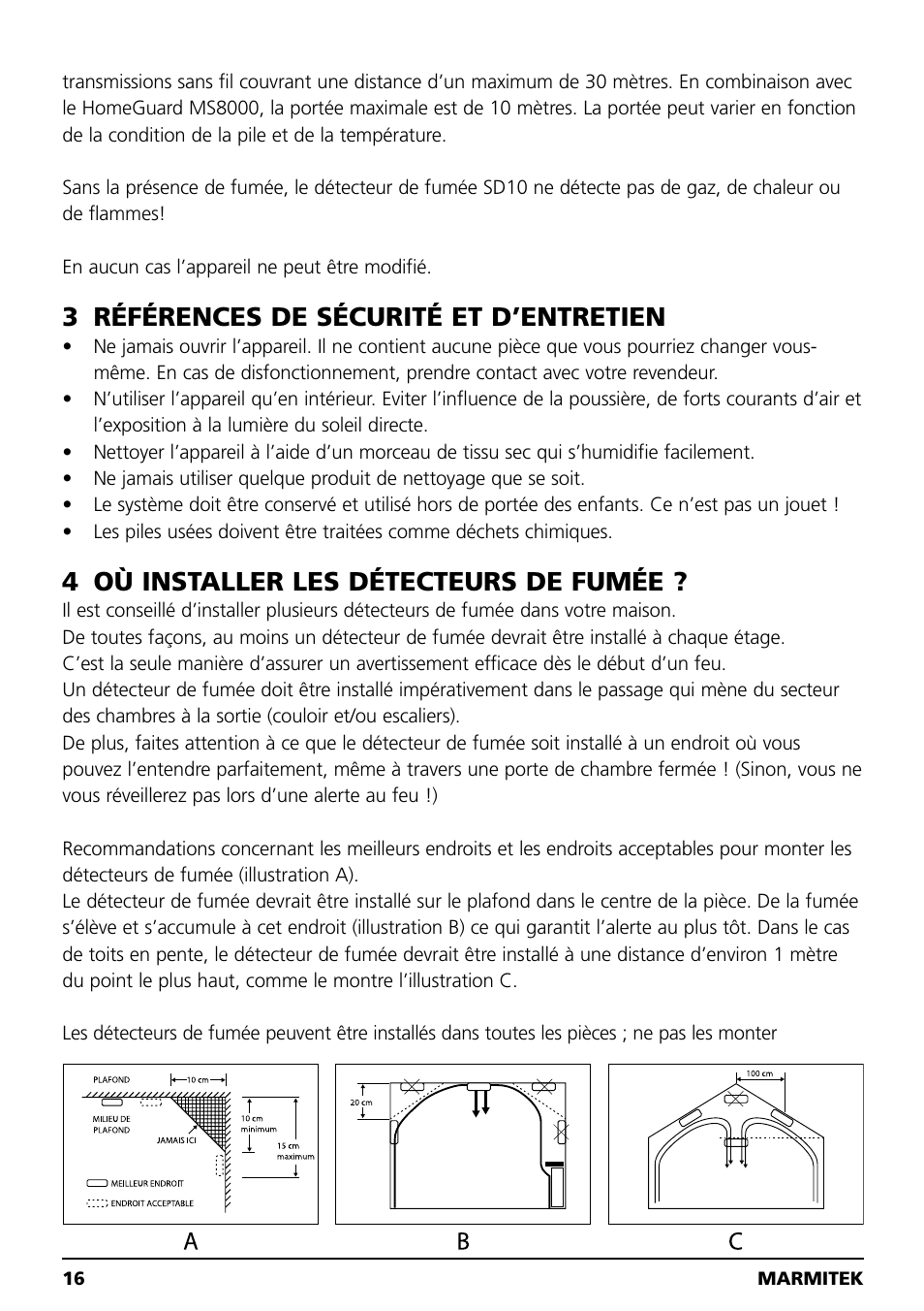 3 références de sécurité et d’entretien, 4 où installer les détecteurs de fumée | Marmitek SD10 User Manual | Page 16 / 28