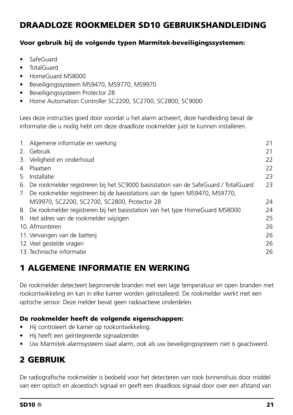Draadloze rookmelder sd10 gebruikshandleiding, 1 algemene informatie en werking, 2 gebruik | Marmitek SD10 User Manual | Page 21 / 28