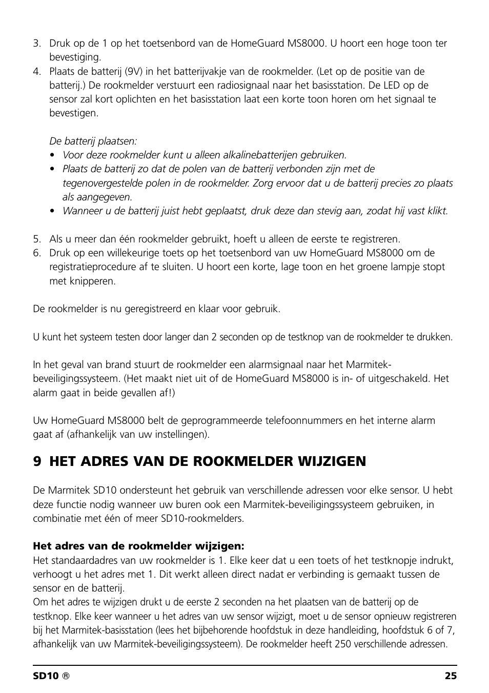 9 het adres van de rookmelder wijzigen | Marmitek SD10 User Manual | Page 25 / 28