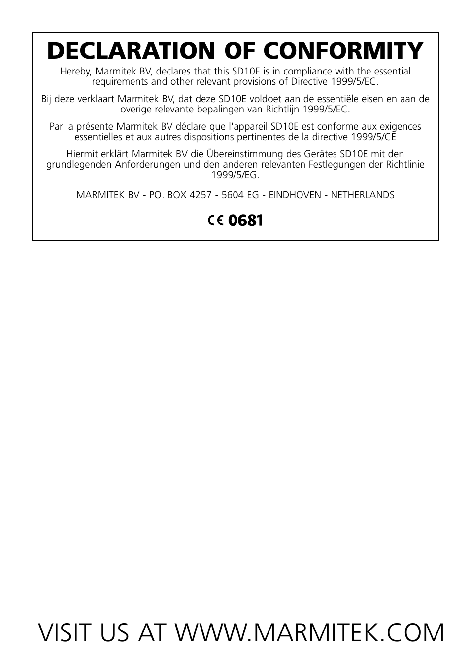 Declaration of conformity | Marmitek SD10 User Manual | Page 27 / 28