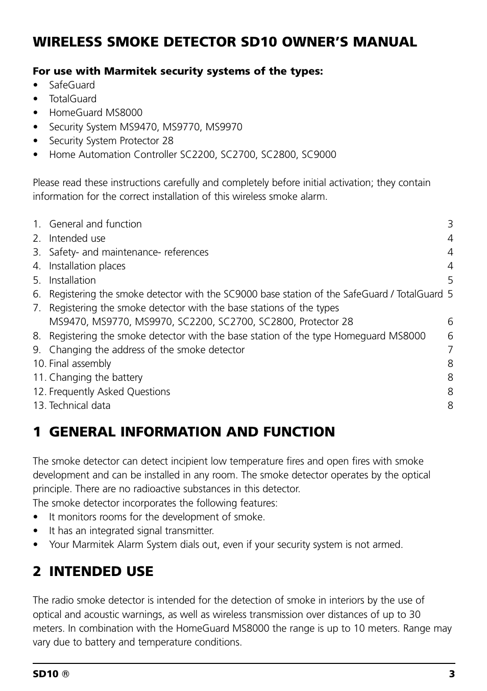 Wireless smoke detector sd10 owner’s manual, 1 general information and function, 2 intended use | Marmitek SD10 User Manual | Page 3 / 28