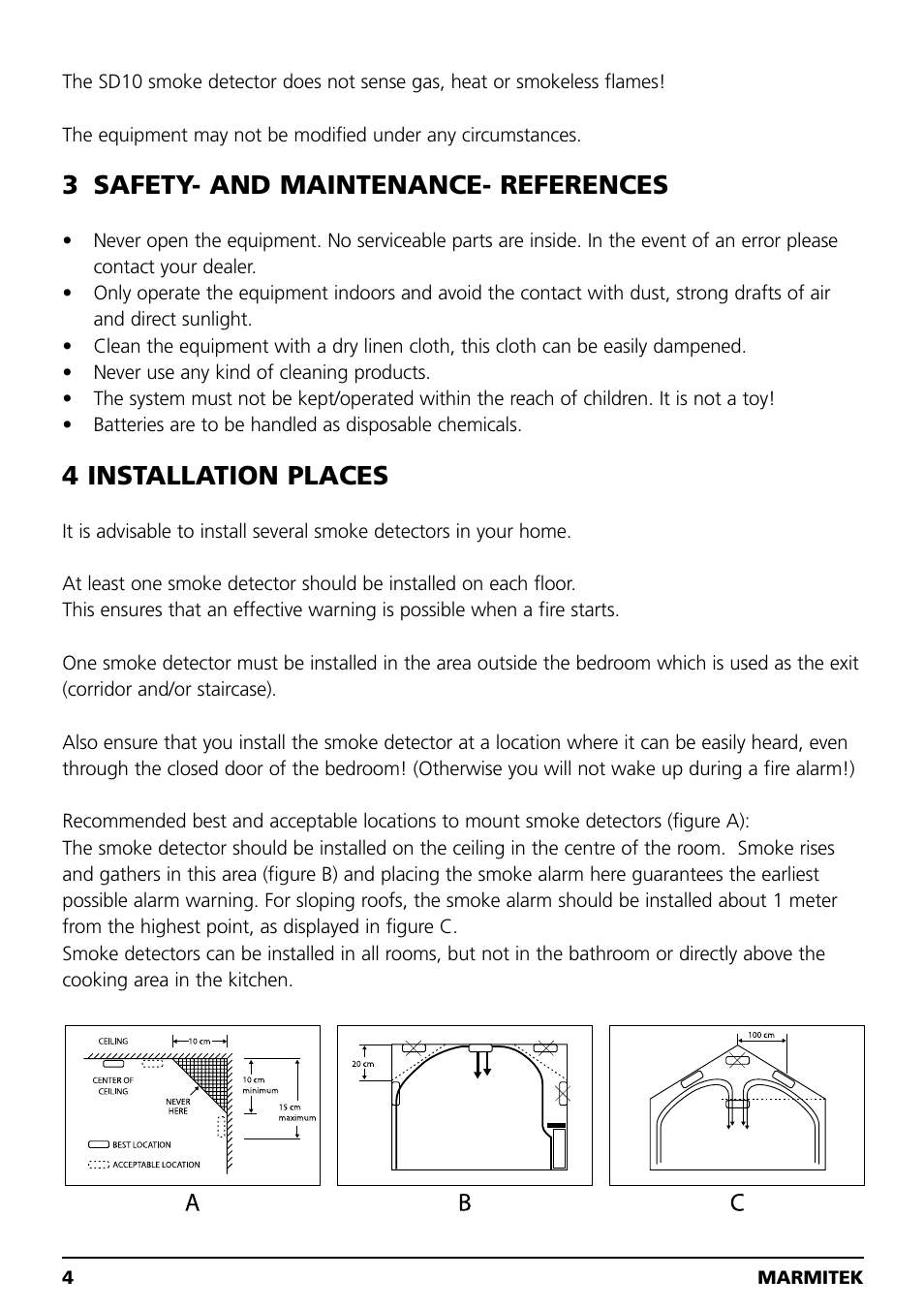 3 safety- and maintenance- references, 4 installation places | Marmitek SD10 User Manual | Page 4 / 28