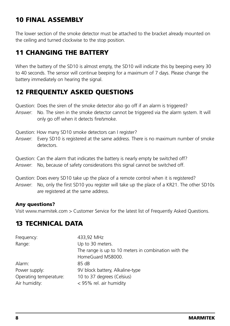 10 final assembly, 11 changing the battery, 12 frequently asked questions | 13 technical data | Marmitek SD10 User Manual | Page 8 / 28